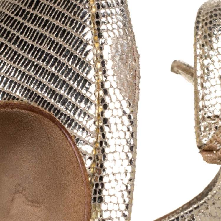 Pre Owned Gina Metallic Gold Lizard Embossed Leather Platform Peep Toe Slingback Sandals Size 39.5