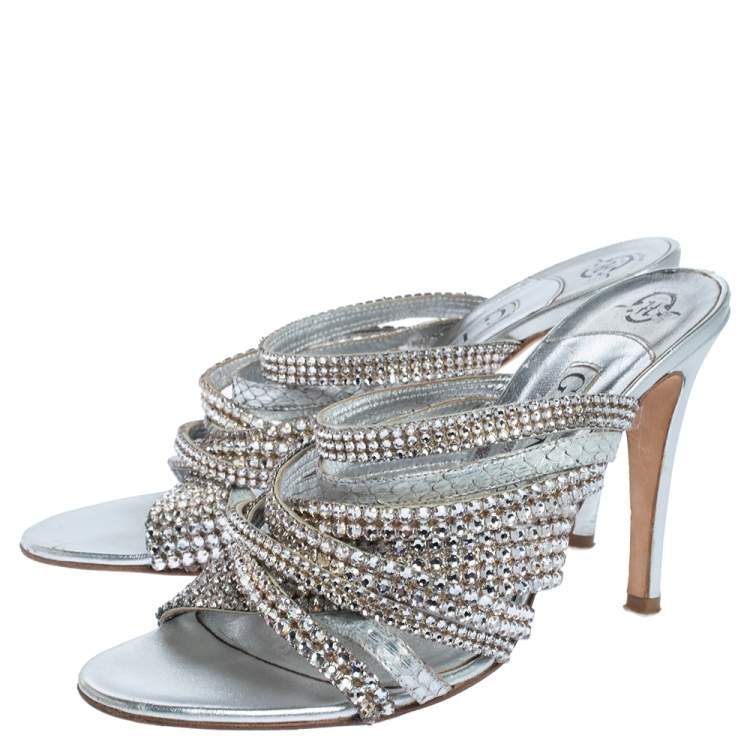Pre Owned Gina Silver Crystal Embellished Leather Strappy Sandals Size 39 