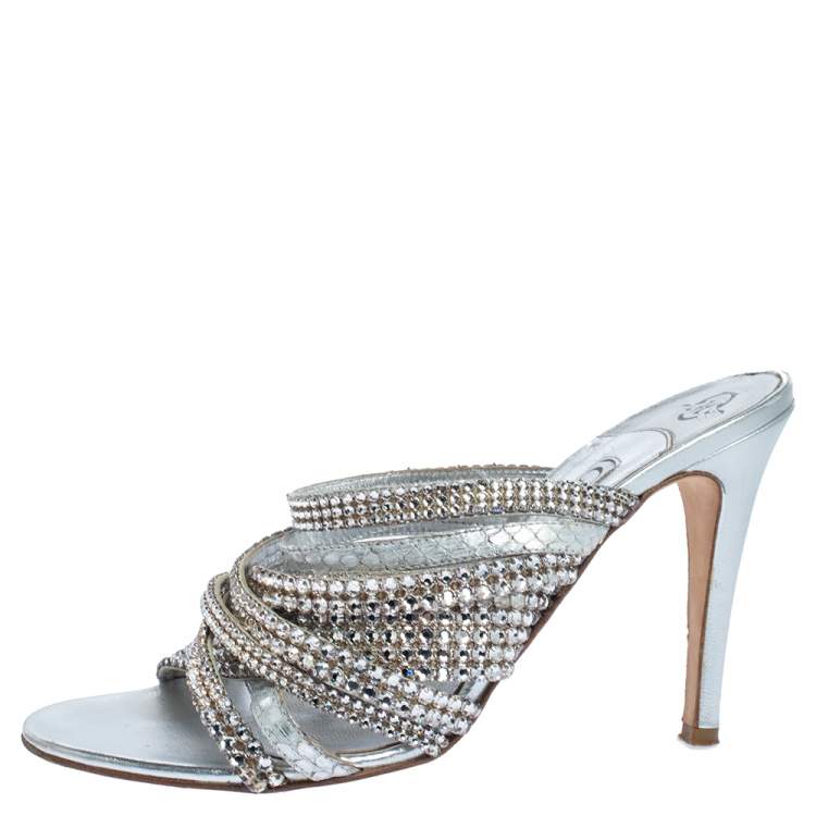 Pre Owned Gina Silver Crystal Embellished Leather Strappy Sandals Size 39 