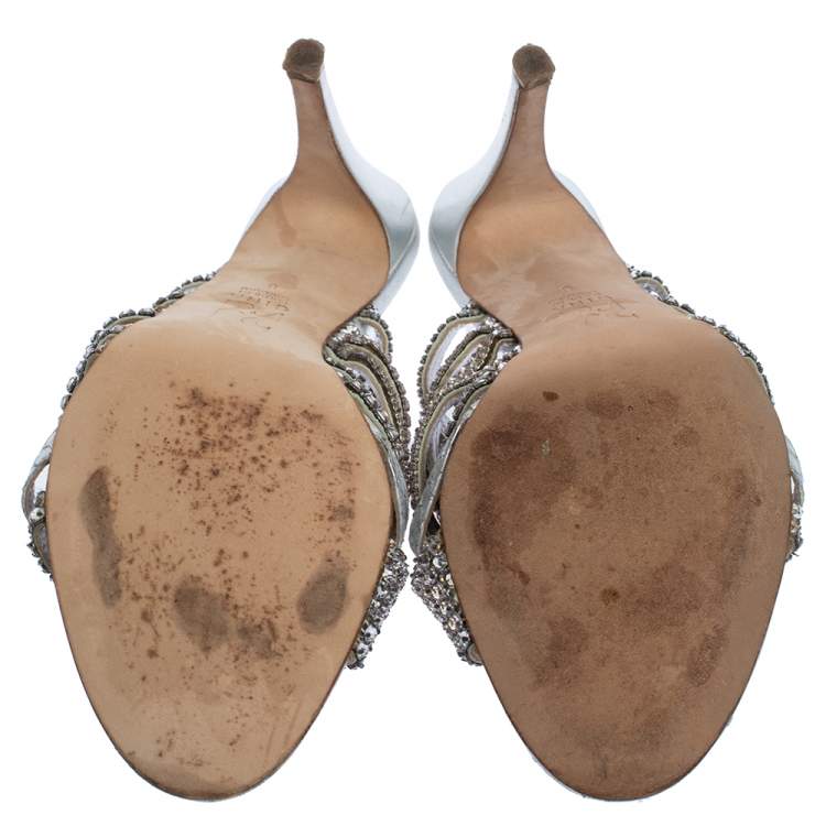 Pre Owned Gina Silver Crystal Embellished Leather Strappy Sandals Size 39 