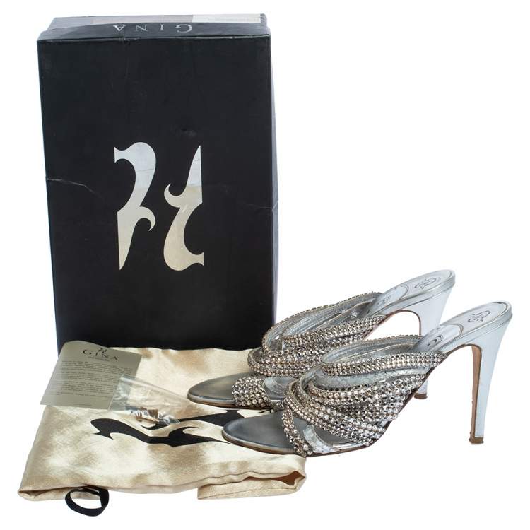 Pre Owned Gina Silver Crystal Embellished Leather Strappy Sandals Size 39 