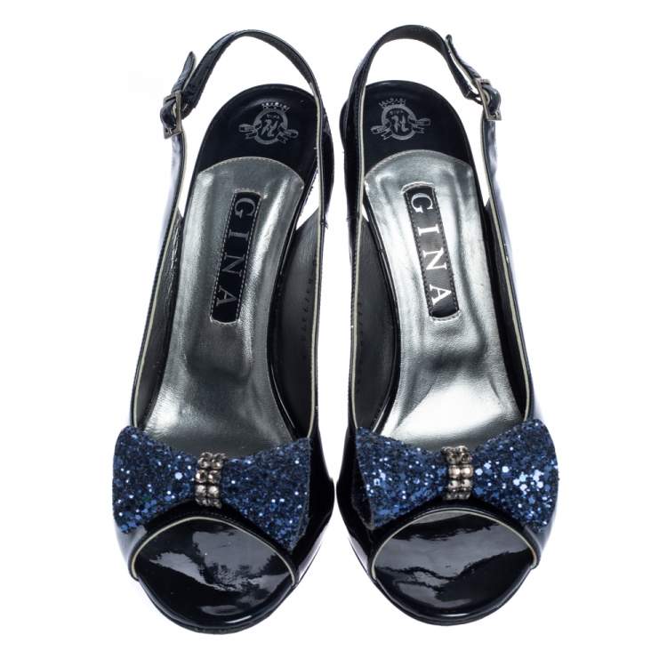 Pre Owned Gine Blue Patent Leather And Glitter Bow Embellished Slingback Open Toe Sandals Size 41