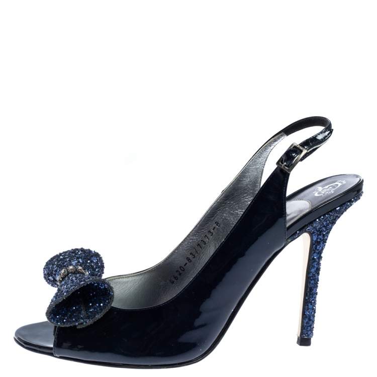 Pre Owned Gine Blue Patent Leather And Glitter Bow Embellished Slingback Open Toe Sandals Size 41