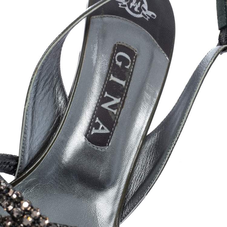 مملوكة مسبقًا Gina Dark Grey Patent Leather Crystal Embellished Slingback Sandals Size 40.5