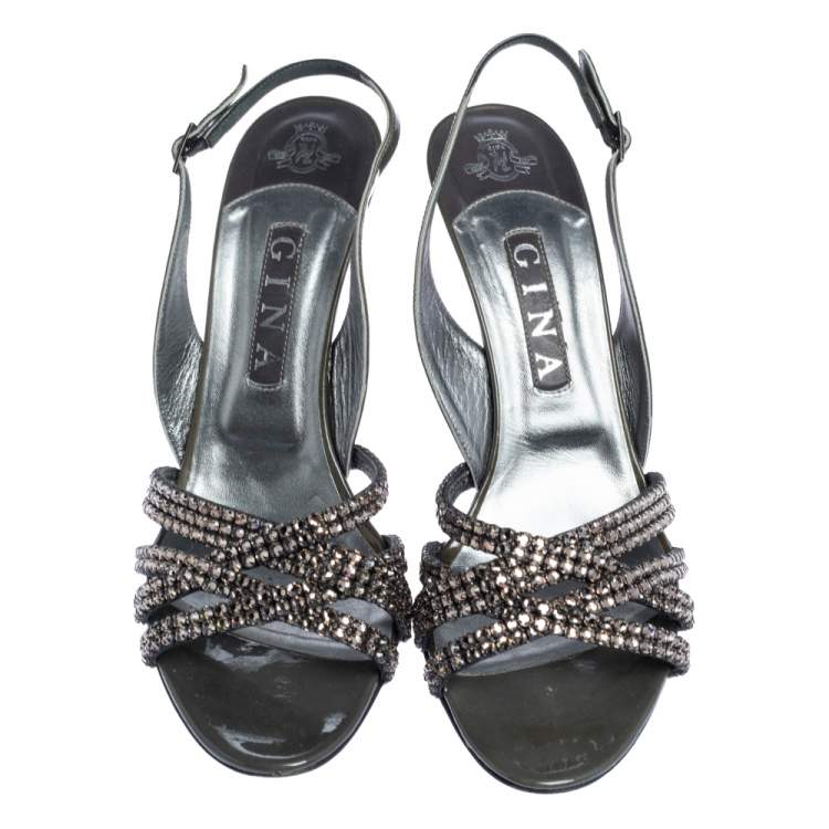 مملوكة مسبقًا Gina Dark Grey Patent Leather Crystal Embellished Slingback Sandals Size 40.5