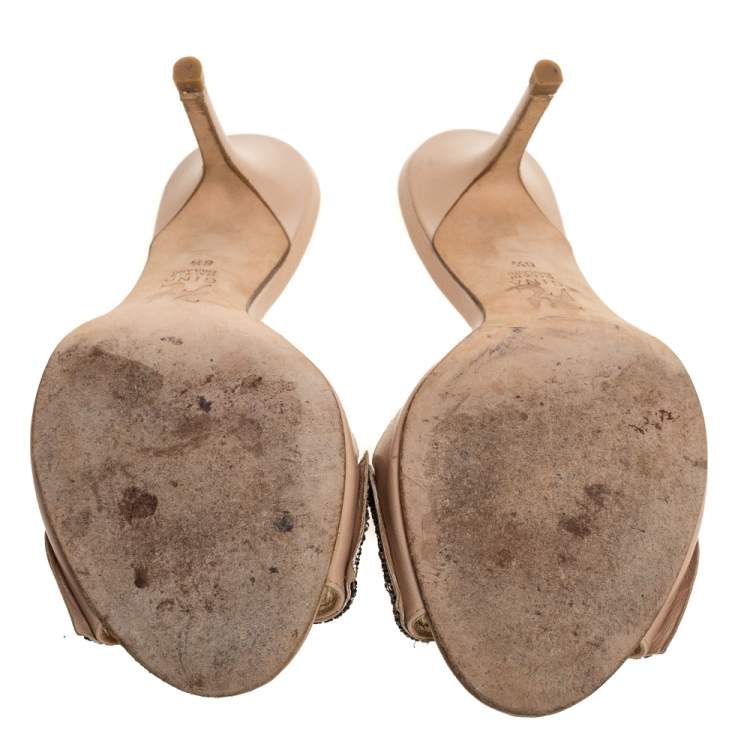 Pre Owned Gine Beige Leather Crystal Embellished Bow Open Toe Sandals Size 39.5