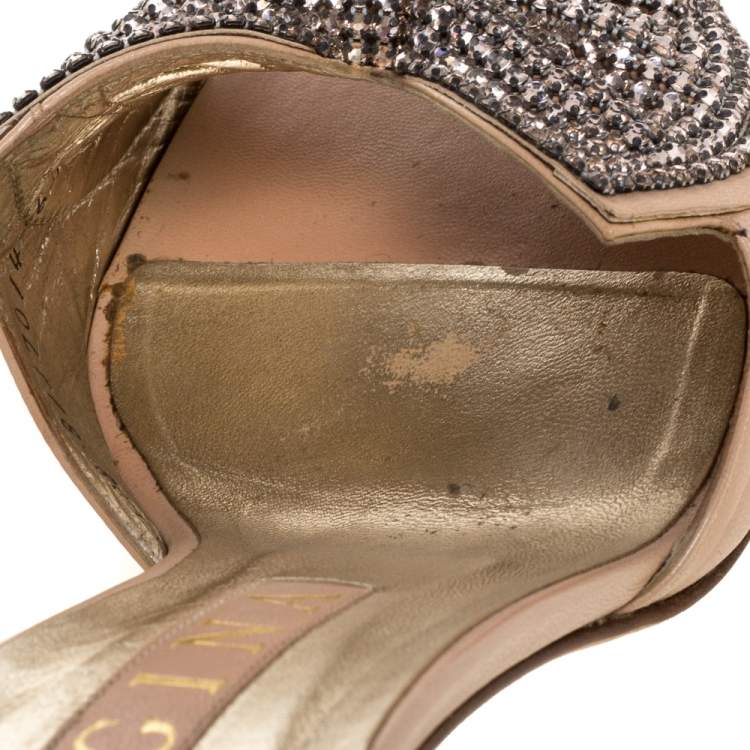 Pre Owned Gine Beige Leather Crystal Embellished Bow Open Toe Sandals Size 39.5