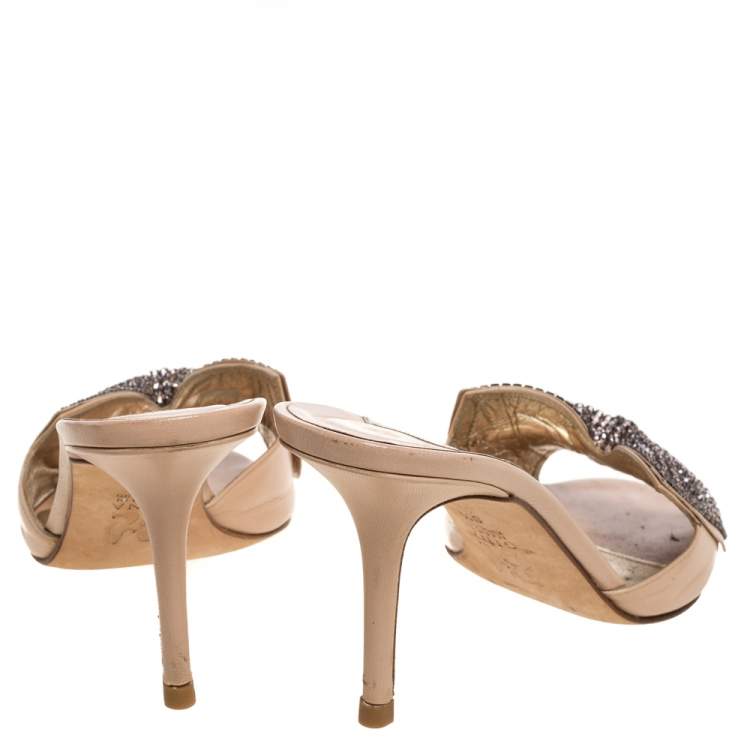 Pre Owned Gine Beige Leather Crystal Embellished Bow Open Toe Sandals Size 39.5