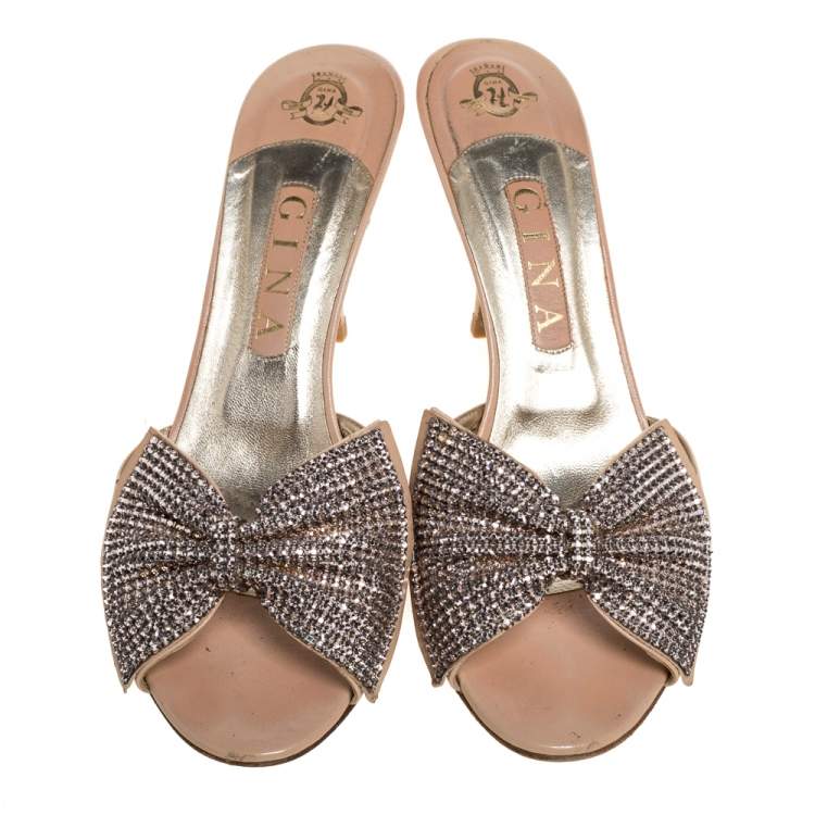 Pre Owned Gine Beige Leather Crystal Embellished Bow Open Toe Sandals Size 39.5