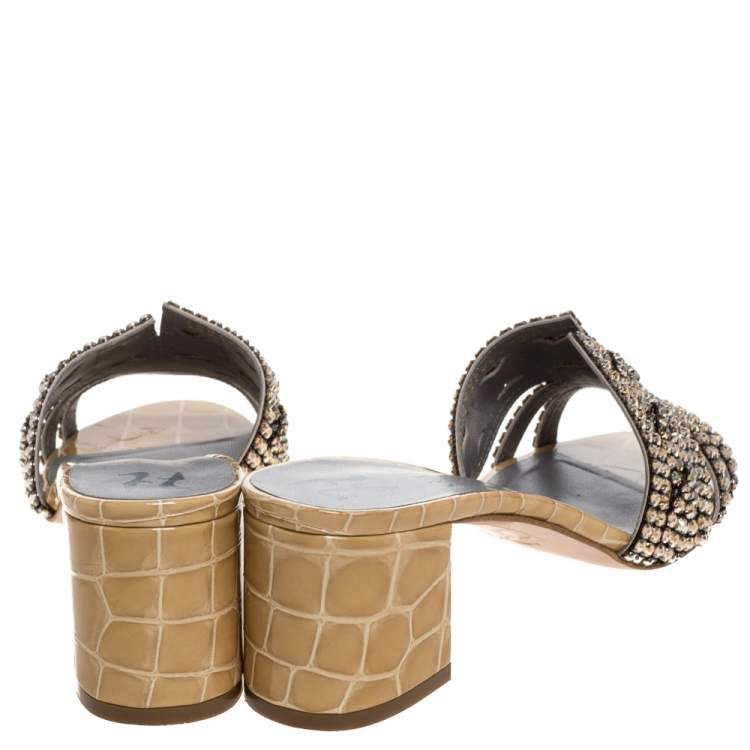 Pre Owned Gina Beige Croc Embossed Patent Leather Rodeo Crystal Embellished Block Heel Slides Size 37