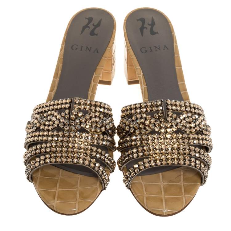 Pre Owned Gina Beige Croc Embossed Patent Leather Rodeo Crystal Embellished Block Heel Slides Size 37