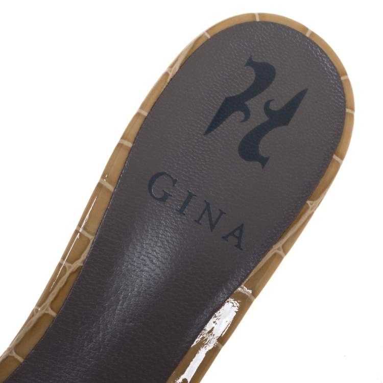 Pre Owned Gina Beige Croc Embossed Patent Leather Rodeo Crystal Embellished Block Heel Slides Size 37