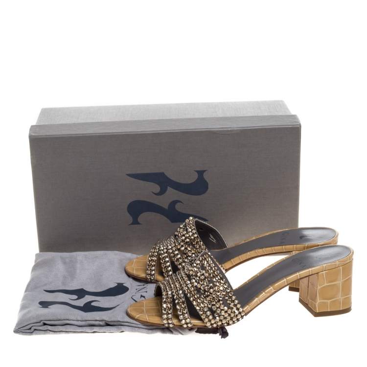 Pre Owned Gina Beige Croc Embossed Patent Leather Rodeo Crystal Embellished Block Heel Slides Size 37