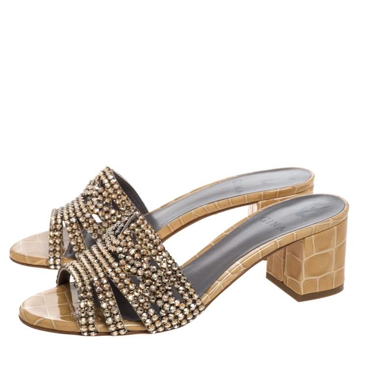 Pre Owned Gina Beige Croc Embossed Patent Leather Rodeo Crystal Embellished Block Heel Slides Size 37