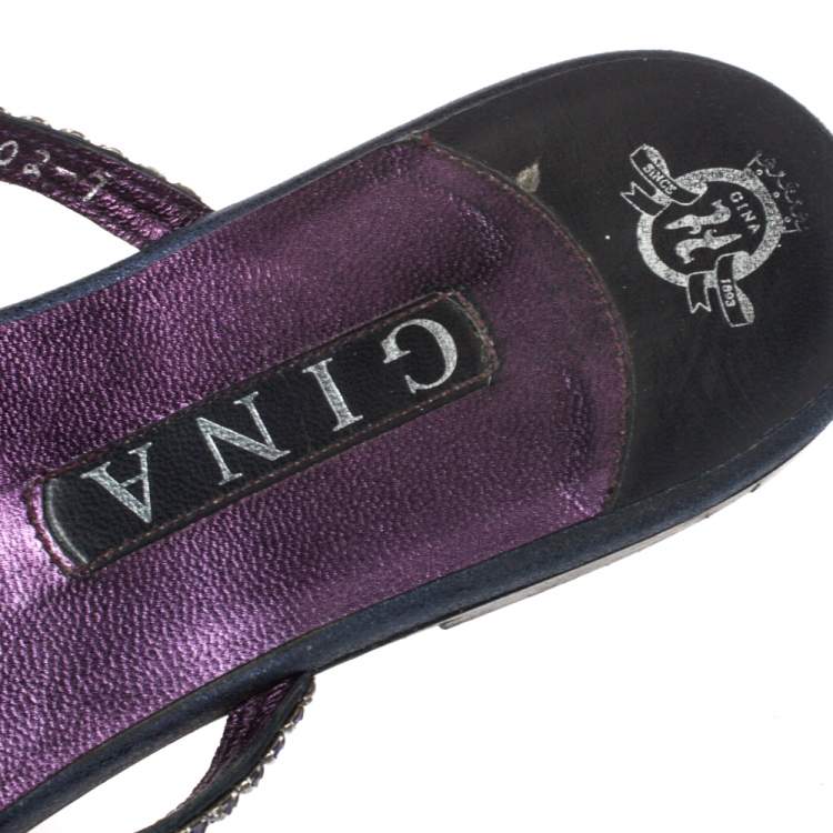 Pre Owned Gina Purple Crystal Embellished And Black Leather Flat Slides Size 40