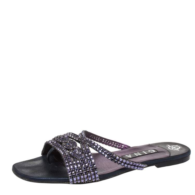Pre Owned Gina Purple Crystal Embellished And Black Leather Flat Slides Size 40
