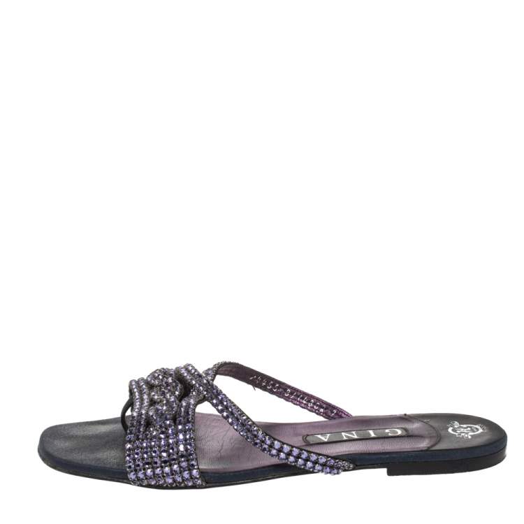 Pre Owned Gina Purple Crystal Embellished And Black Leather Flat Slides Size 40