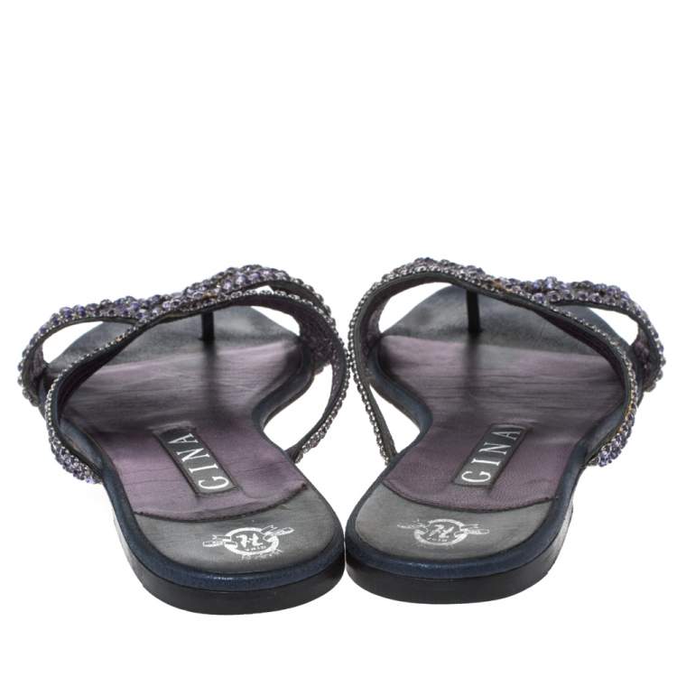 Pre Owned Gina Purple Crystal Embellished And Black Leather Flat Slides Size 40