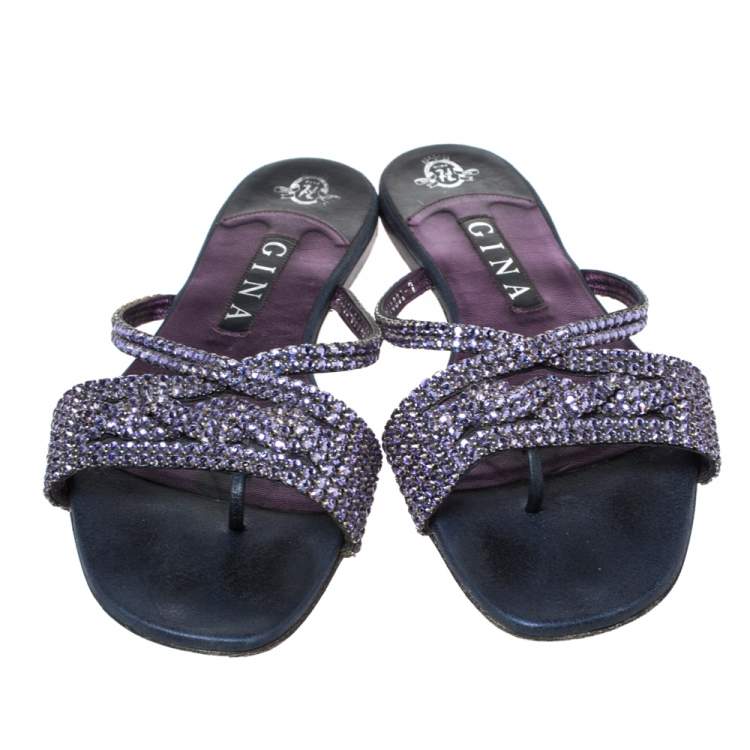 Pre Owned Gina Purple Crystal Embellished And Black Leather Flat Slides Size 40