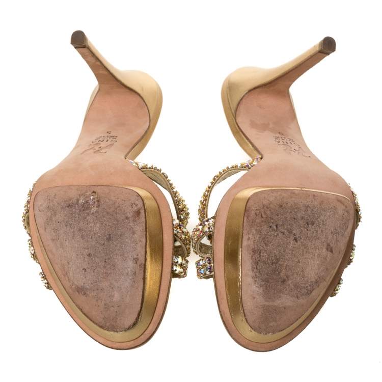 Pre Owned Gina Metallic Gold Crystal Embellished Leather Platform Sandals Size 38