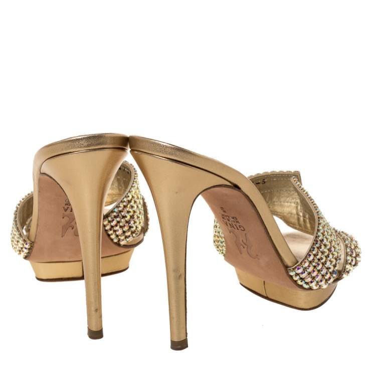 Pre Owned Gina Metallic Gold Crystal Embellished Leather Platform Sandals Size 38