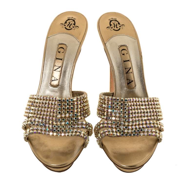 Pre Owned Gina Metallic Gold Crystal Embellished Leather Platform Sandals Size 38