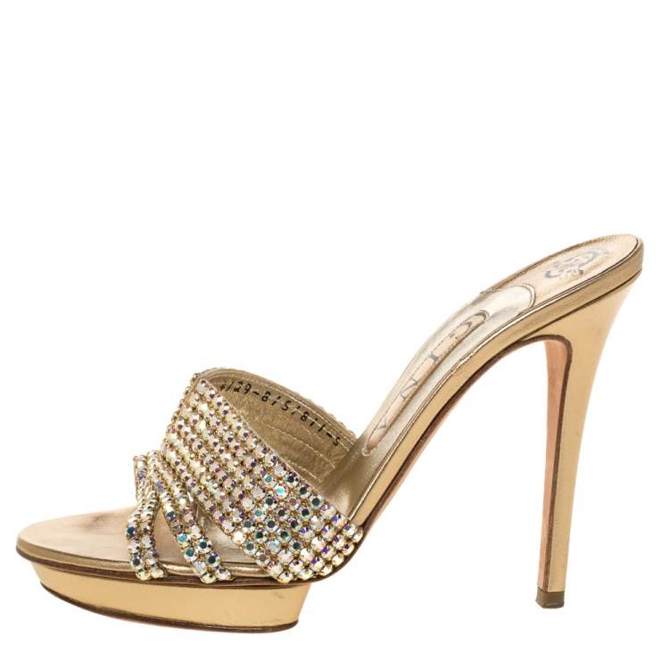 Pre Owned Gina Metallic Gold Crystal Embellished Leather Platform Sandals Size 38