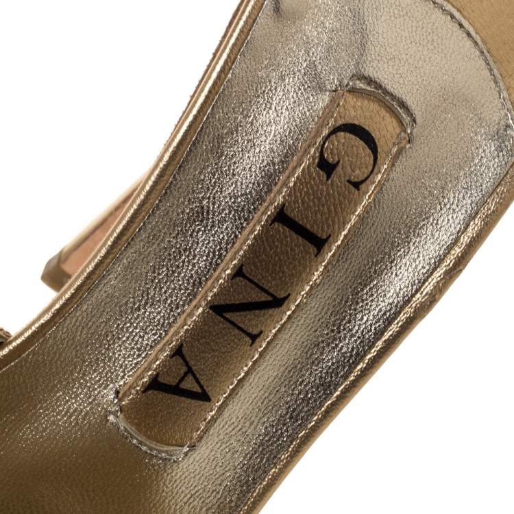 Pre Owned Gina Metallic Gold Crystal Embellished Leather Platform Sandals Size 38