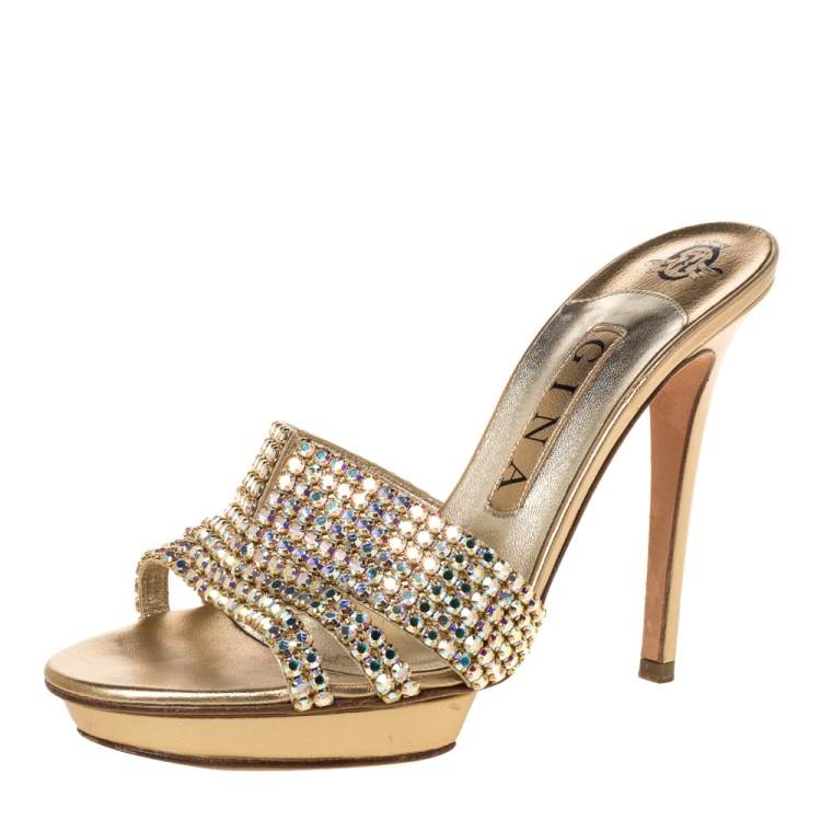 Pre Owned Gina Metallic Gold Crystal Embellished Leather Platform Sandals Size 38