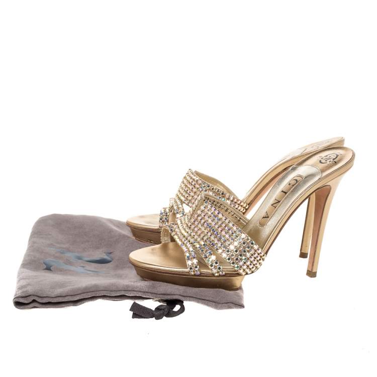 Pre Owned Gina Metallic Gold Crystal Embellished Leather Platform Sandals Size 38