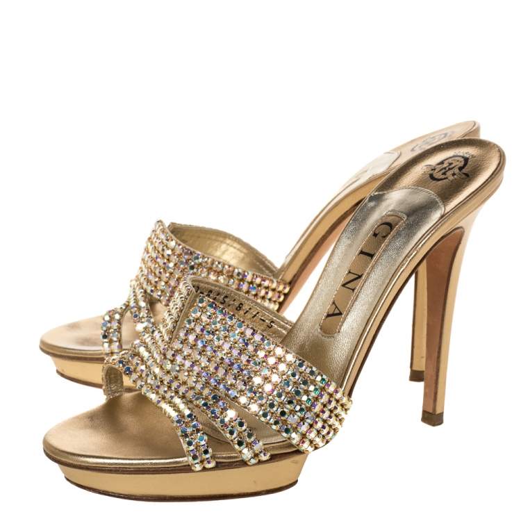 Pre Owned Gina Metallic Gold Crystal Embellished Leather Platform Sandals Size 38