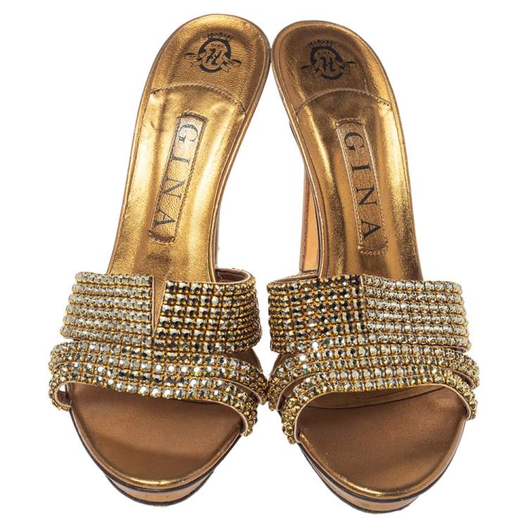 مملوكة مسبقًا Gina Bronze Leather Crystal Embellished Platform Sandals Size 39