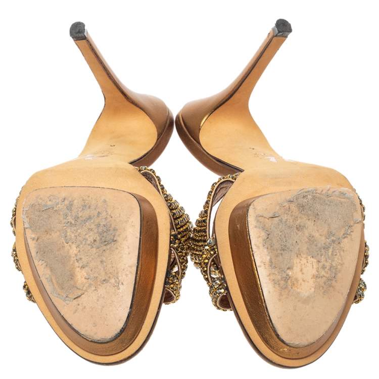 مملوكة مسبقًا Gina Bronze Leather Crystal Embellished Platform Sandals Size 39