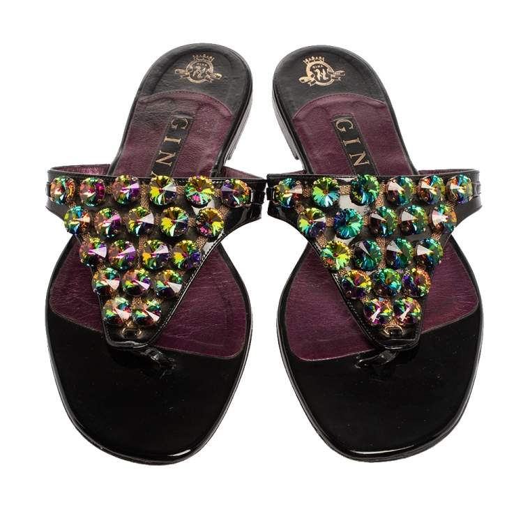 Pre Owned Gina Black Patent Leather Crystal Embellished Thong Flats Size 41