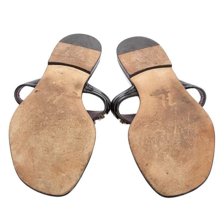 Pre Owned Gina Black Patent Leather Crystal Embellished Thong Flats Size 41