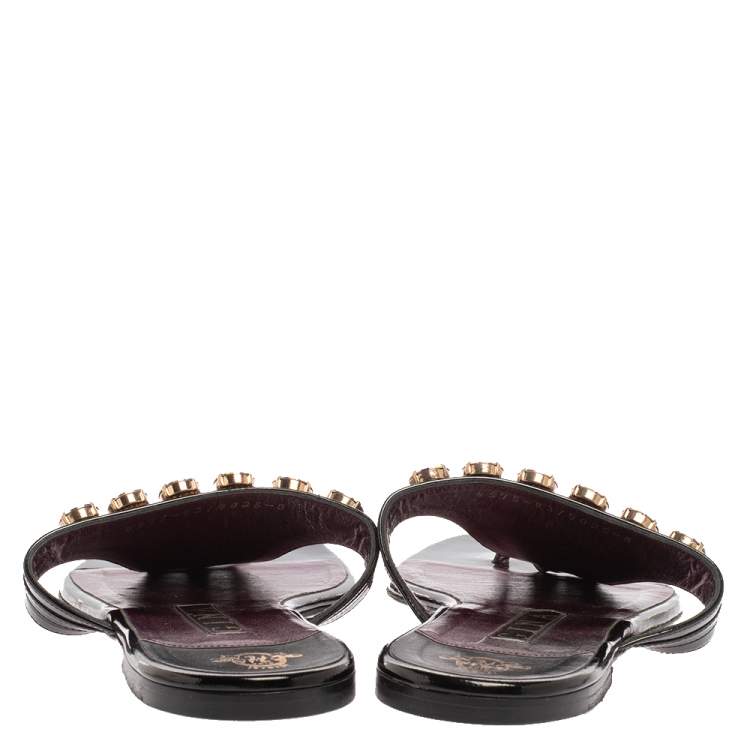 Pre Owned Gina Black Patent Leather Crystal Embellished Thong Flats Size 41