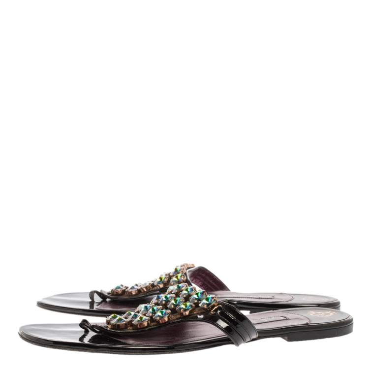 Pre Owned Gina Black Patent Leather Crystal Embellished Thong Flats Size 41