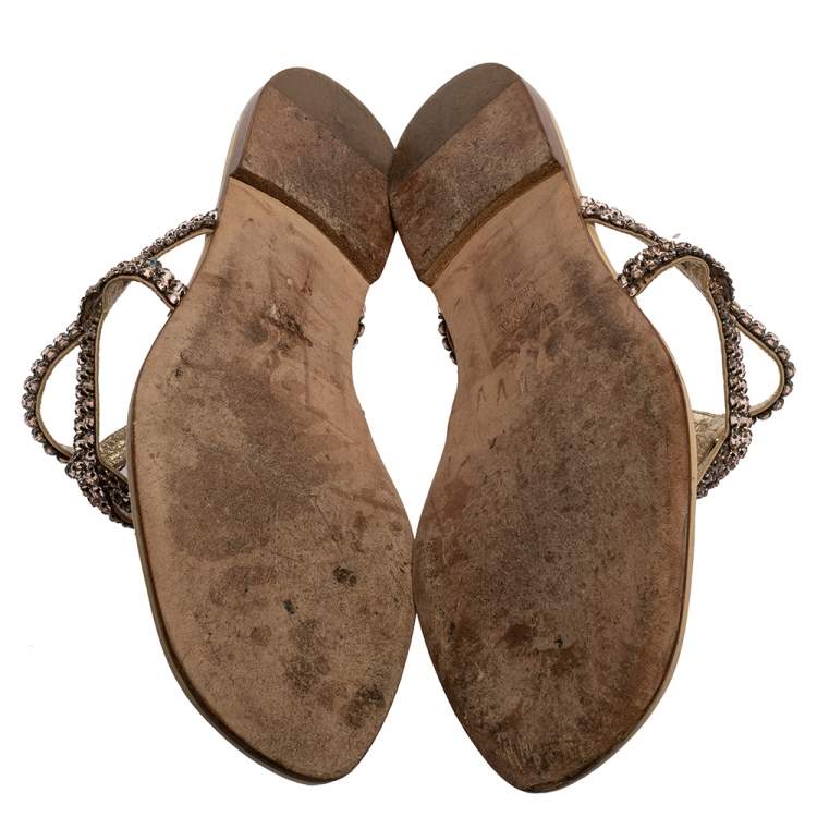 مملوكة مسبقًا Gina Beige Crystal Embellished Leather Thong Flat Slides Size 39 