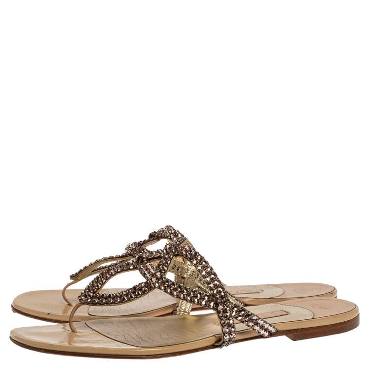 مملوكة مسبقًا Gina Beige Crystal Embellished Leather Thong Flat Slides Size 39 