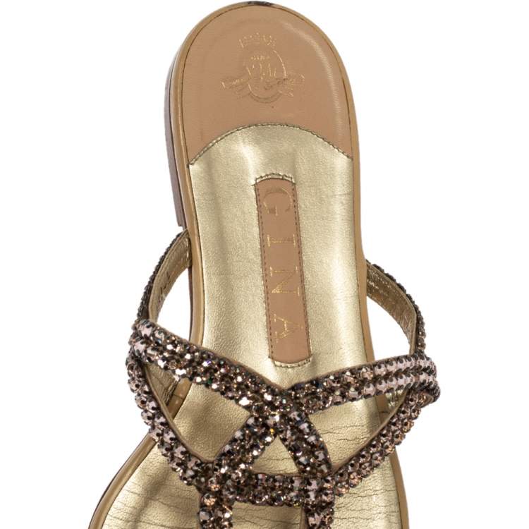 مملوكة مسبقًا Gina Beige Crystal Embellished Leather Thong Flat Slides Size 39 