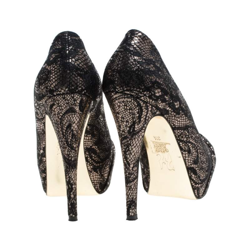 Pre Owned Gina Black/Silver Brocade Fabric Pleated High Heel Platform Pumps Size 36.5