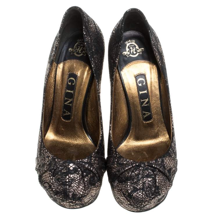 Pre Owned Gina Black/Silver Brocade Fabric Pleated High Heel Platform Pumps Size 36.5