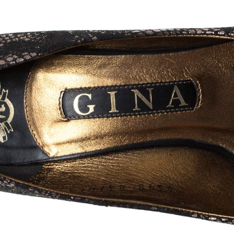 Pre Owned Gina Black/Silver Brocade Fabric Pleated High Heel Platform Pumps Size 36.5