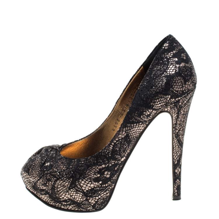 Pre Owned Gina Black/Silver Brocade Fabric Pleated High Heel Platform Pumps Size 36.5
