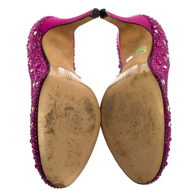 Pre Owned Gina Purple Crystal Embellished Satin Round Toe Pumps Size 39.5