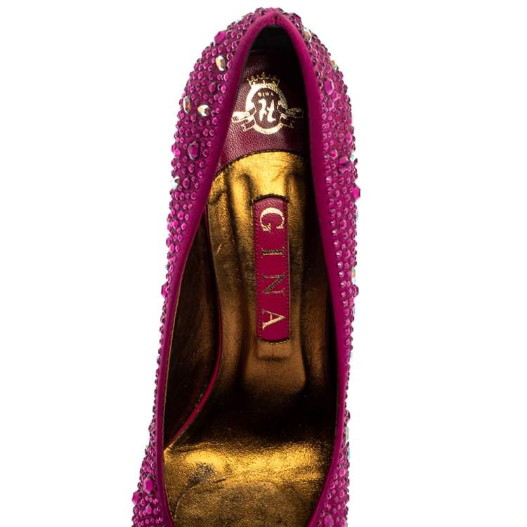 Pre Owned Gina Purple Crystal Embellished Satin Round Toe Pumps Size 39.5