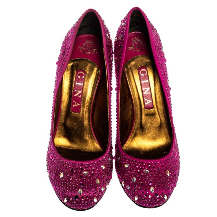 Pre Owned Gina Purple Crystal Embellished Satin Round Toe Pumps Size 39.5