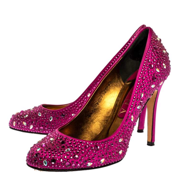 Pre Owned Gina Purple Crystal Embellished Satin Round Toe Pumps Size 39.5