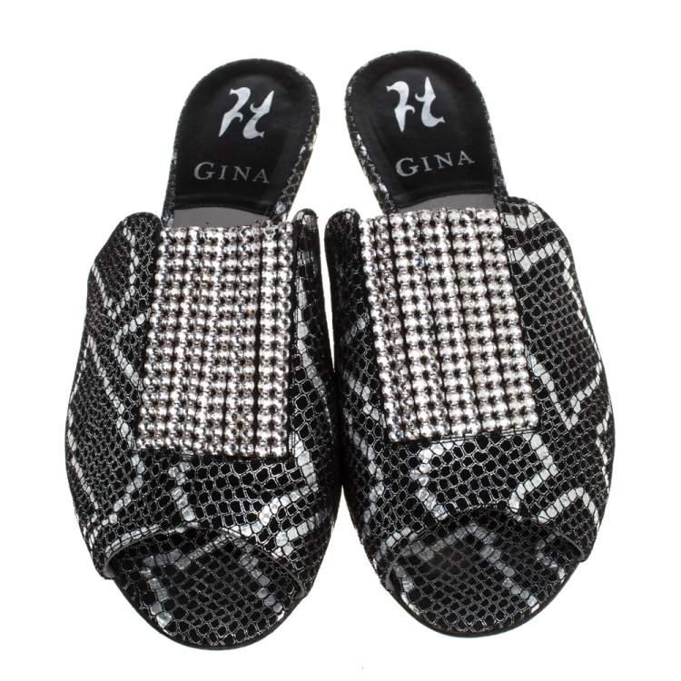 Pre Owned Gina Black Textured Suede Embellished Open Toe Mule Sandals Size 39