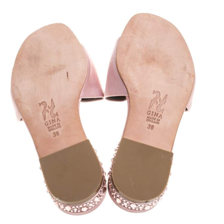 Pre Owned Gina Pink Satin Crystal Embellished Flat Slides Size 38